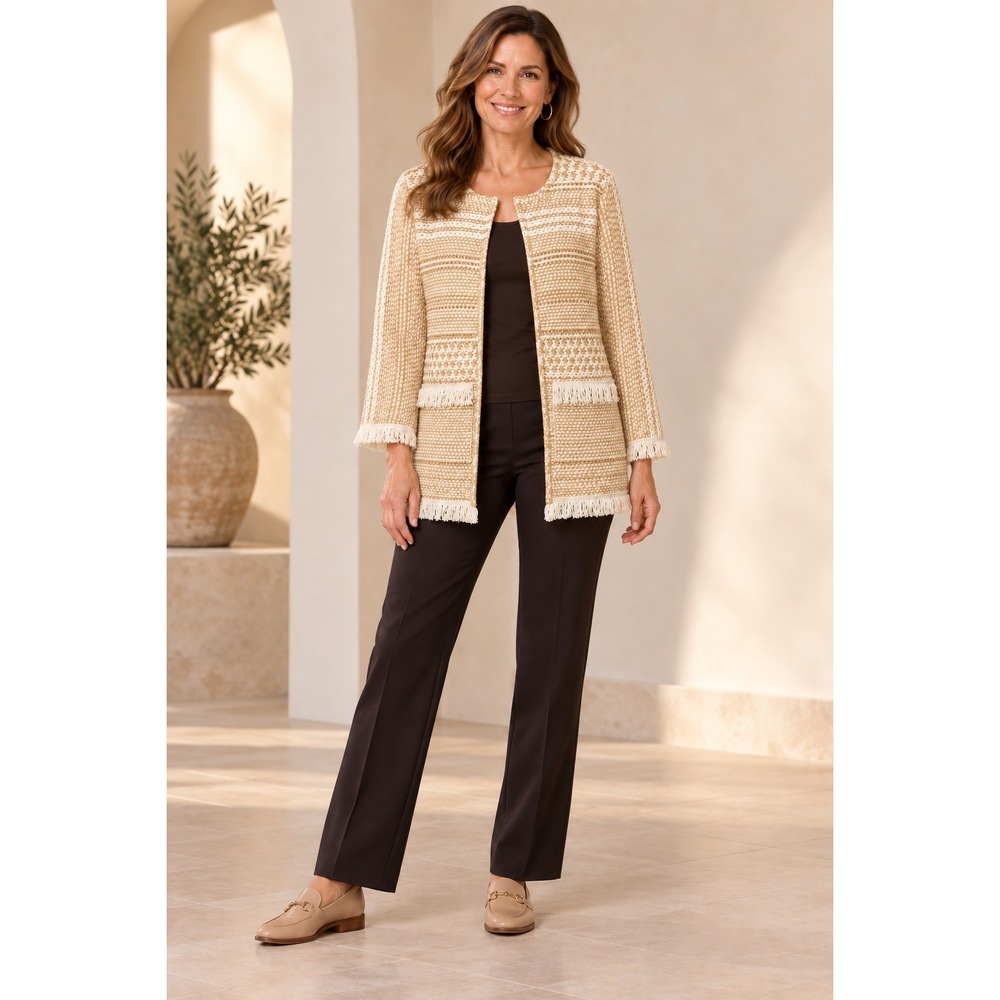 Chicos Tan White Textured Knit Fringe Cardigan Sweater Size 1 Medium Hook Eye